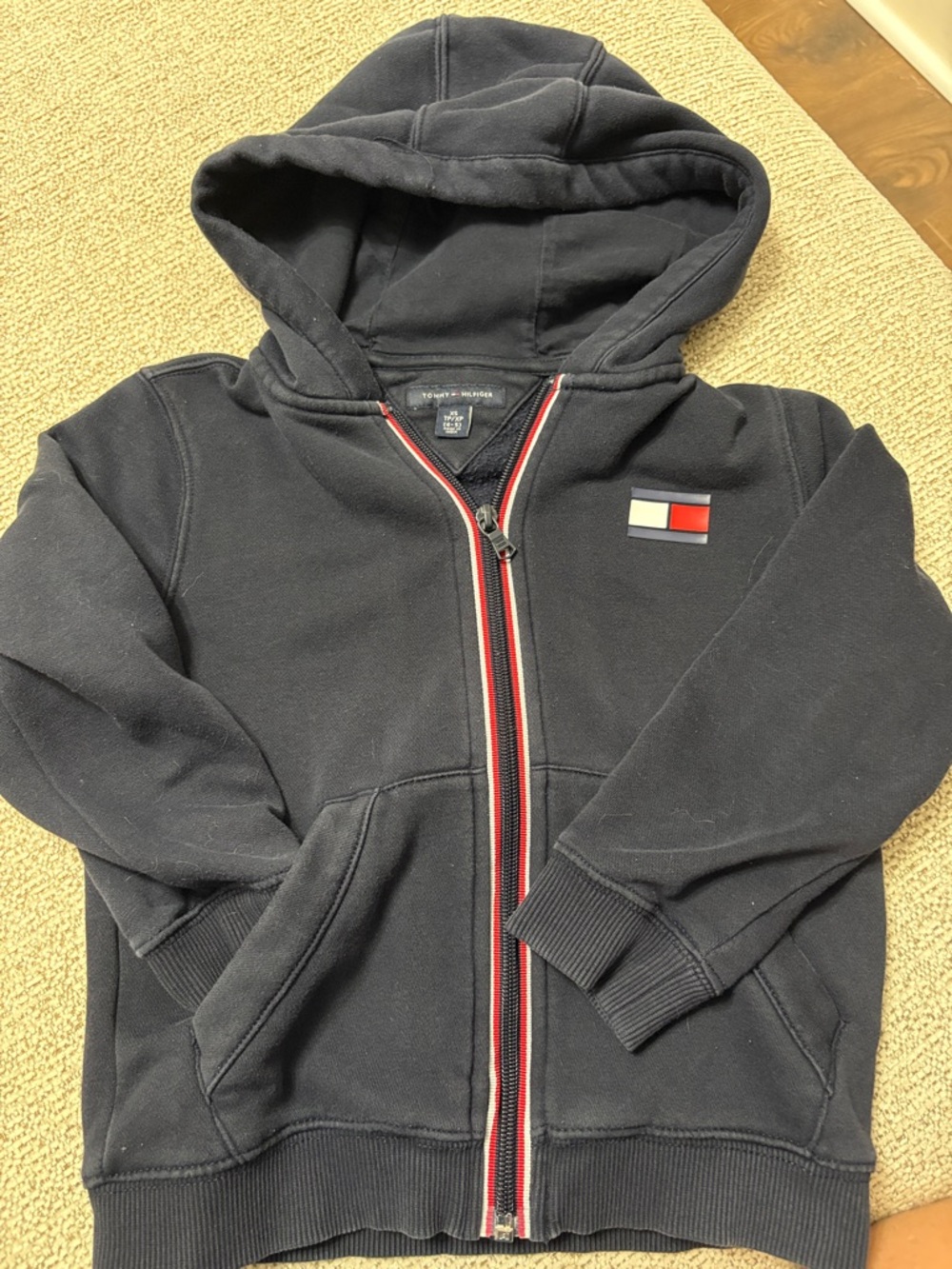 Tommy Hilfiger Kids Navy Zip Hoodie with Red & White Accent Size 4/5